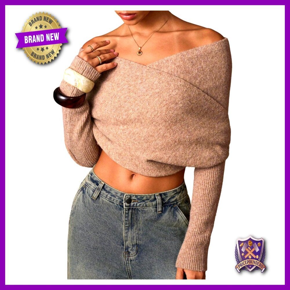 Off Shoulder Pullover Sweater Wrap Long Sleeve Knitted Crop Top Small